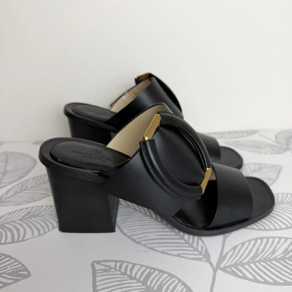 Banana Republic Ravello Black Leather Block Heel Sandals Shoes Women’s 6.5 Italy - Picture 2 of 8